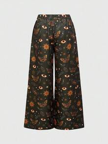 ROMWE Plus Size Women Fairycore Butterfly & Moth Floral All-Over Print Wide Leg Pants - Multicolor - View 2
