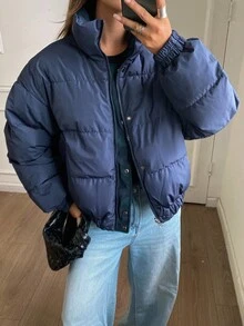 DAZY 女士双面格子绗缝外套，适合秋冬季节穿着，Y2K风格 - 棕色 - 查看 10