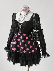 Sweetra 大码波尔卡圆点蕾丝拼布长袖衬衫 - 黑色 - 查看 5