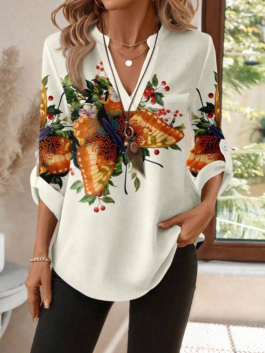 EMERY ROSE Women's Retro Floral & Butterfly Print Notch Collar 3/4 Sleeve Casual Shirt, Autumn/Winter V Neck Blouses For Women