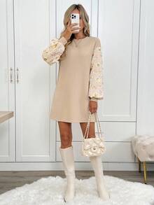 SHEIN LUNE Vestido corto casual de mujer con mangas largas y adornos de lentejuelas, vestido de mujer con mangas farol, vestido bordado, vestido de manga abullonada, vestido de lentejuelas, atuendos de fiesta para mujer, vestidos beige de mujer, vestidos de otoño para mujer, casual - Albaricoque - Ver 5