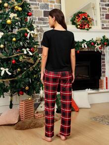 CoupledUp Doze Lane Weihnachts Buchstaben Muster Kurzarm-Top und karierte Hose Damen Lässig Pyjama Set - Schwarz - Übersicht 2