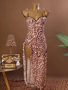 SHEIN 2pcs Women Sexy Leopard Print Slip Dress With Asymmetrical Ruffle Hem + Thong Lingerie Set - Multicolor - View 6