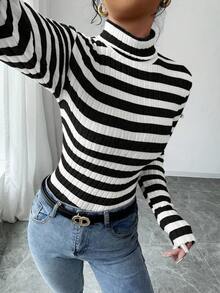 Elenzga 女士初秋高领抓绒罗纹长袖T恤衫，春季女式上衣 - 黑與白 - 查看 4