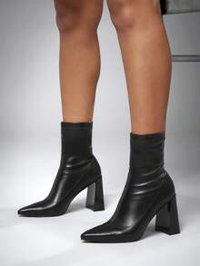 SHUZIA 女式简约舒适性感尖头粗跟踝靴 - 黑色 - 查看 2