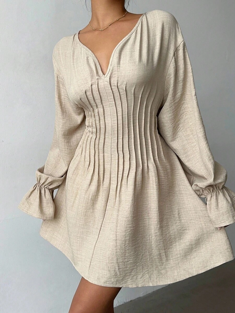 Siren Gaze Women's Casual Solid Color Waist Cinched Dress Winter - Apricot - View 1