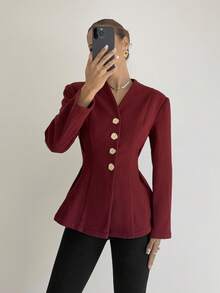 Siren Gaze Women's Solid Color Long Sleeve Single-Breasted Waist Cinched Elegant Jacket, Autumn/Winter Christmas New Year Red Burgundy - Burgundy - View 1