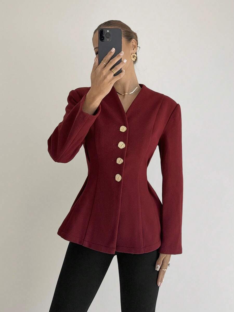 Siren Gaze Women's Solid Color Long Sleeve Single-Breasted Waist Cinched Elegant Jacket, Autumn/Winter Christmas New Year Red Burgundy - Burgundy - View 1