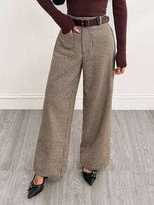 SHEIN PETITE 千鸟格加厚西装裤带前袋 商务休闲女装 卡其色女裤 职业装 女正装裤 制服裤 阔腿女裤 格子裤 格纹阔腿裤 阔腿裤 格纹裤 格子阔腿裤 秋冬女装 - 卡其色 - 查看 5