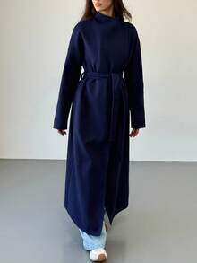 Aloruh 女士纯色立领长袖系带休闲外套，秋冬款 - 藏蓝色 - 查看 8