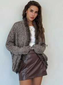 Aloruh Women's Casual Bat Wing Sleeve Patchwork Furry Trim Open Front Jacket, Autumn/Winter - Grey - View 3