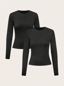 SHEIN EZwear 2 件女士休闲圆领长袖紧身长款 T 恤套装，百搭百搭，不同面料，适合秋冬季 - 黑色 - 查看 9