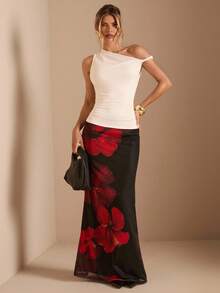 SHEIN BAE 女式黑色底红色花卉印花网眼裙，适合婚礼季节、万圣节、夜间外出、活动、节日，优雅女士裙，黑红色花朵女式裙 - 黑色 - 查看 3