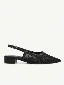 CUCCOO CHICEST 女士优雅百搭舒适黑色网眼蕾丝尖头低跟露跟平底鞋 - 黑色 - 查看 7