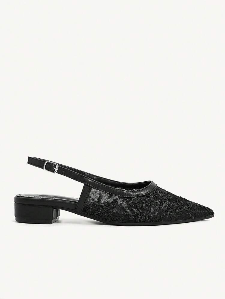 CUCCOO CHICEST Femmes Élégantes Polyvalentes Confortables Plates-Formes à Bout Pointu Noir en Maille et Dentelle à Talon Bloc Bas - Noir - Voir 7