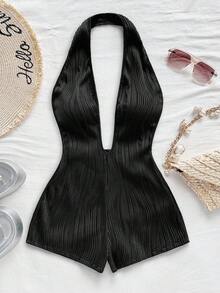 Soleia Women's Vacation White Knit Textured Wavy Pattern Deep V Neck Backless Sexy Bodysuit, Fashionable Fitted For Party, Date, Afternoon Tea, Boho Vacation, Beach, Summer Outfit - Black - View 5