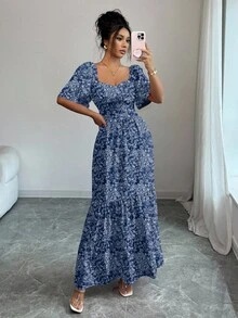 Elenzga Váy Maxi hoa hồng tay ngắn dự tiệc âm nhạc bãi biển mùa hè - Màu xanh lam - Xem 1