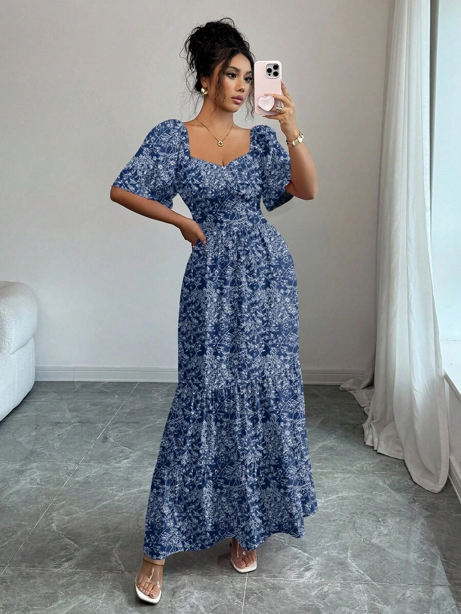 Elenzga Váy Maxi hoa hồng tay ngắn dự tiệc âm nhạc bãi biển mùa hè - Màu xanh lam - Xem 1