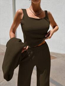 EURMUSE WOMEN 3 PiecesSET TOP CARDİGAN AND PANT - Army Green - View 8