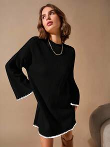 EURMUSE Pullover Bege Long Sweater With Hem And Sleeve Detail+320 - Black - View 3
