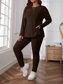 SHEIN Cottnline Plus Size Comfortable Knit Ribbed 2 Pieces Set - Brown - View 1