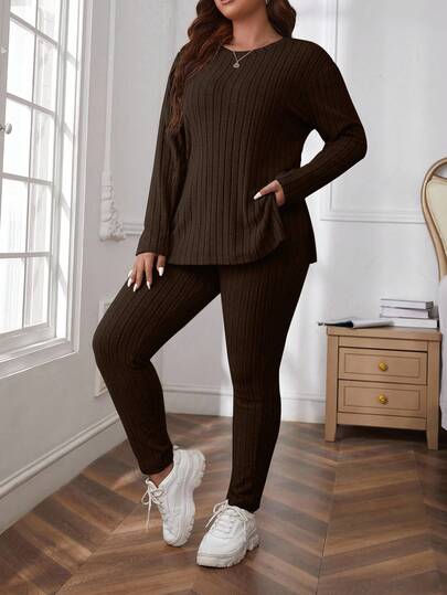 EURMUSE Plus Size Comfortable Knit Ribbed 2 Pieces Set