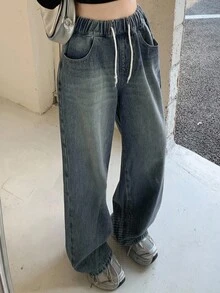 Dazy Designer 抽绳高腰阔腿牛仔裤，宽松牛仔裤