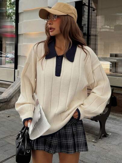 DAZY סוודר קז'ואל עם שוליים צבעוניים לנשים, גזרה רחבה, סתיו