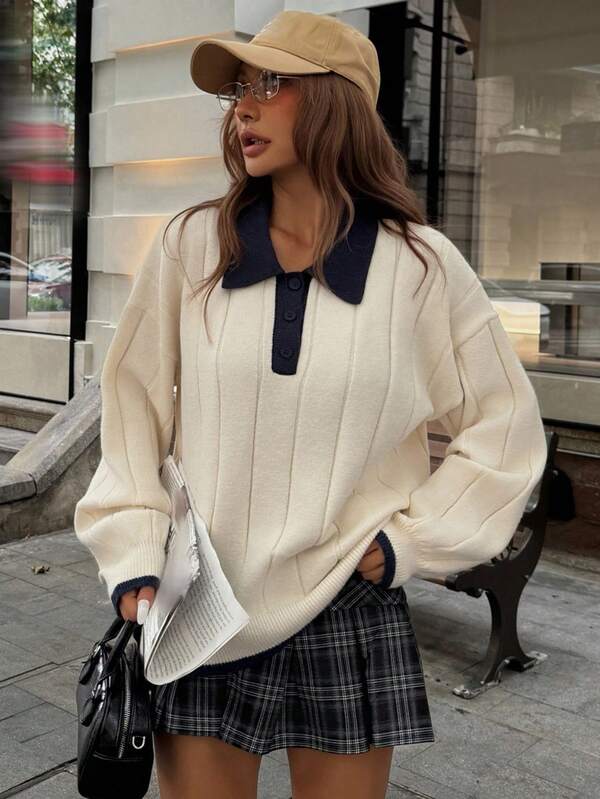 DAZY סוודר קז'ואל עם שוליים צבעוניים לנשים, גזרה רחבה, סתיו