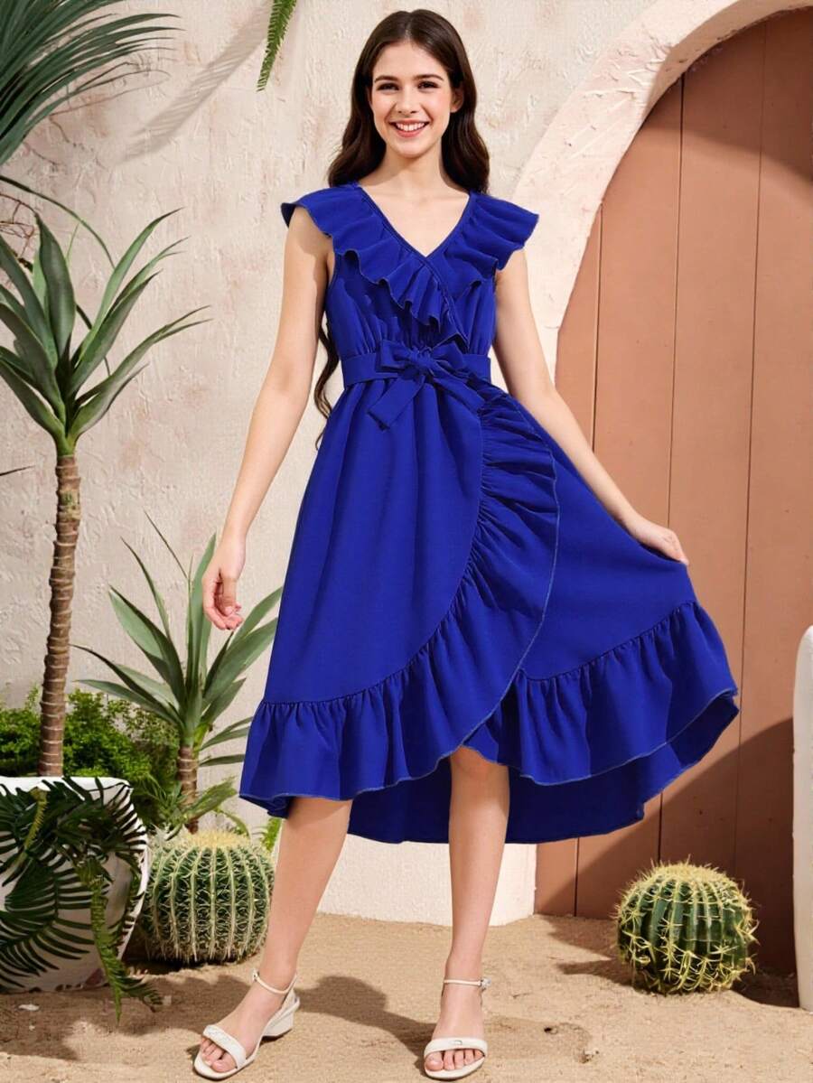 Teen Girl Solid Color Ruffled Edge Decor V-Neck Sleeveless Dress - Blue - View 1