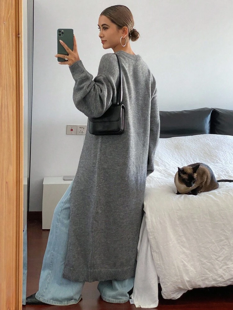 Women's Casual Solid Color Split Hem Sweater Dress, Autumn