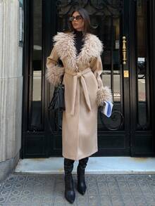 Aloruh Casaco de Lã Mista Feminino com Acabamento de Pele Sintética, Jaqueta Longa de Estilo Boêmio, Corta-Vento nas Cores Cáqui e Bordô para Outono/Inverno