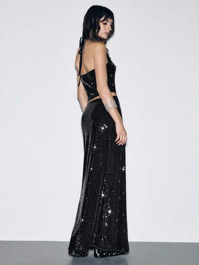 Lumivelle 女士时尚派对节日亮片细肩带 V 领吊带背心 + 鱼尾裙 2 件套