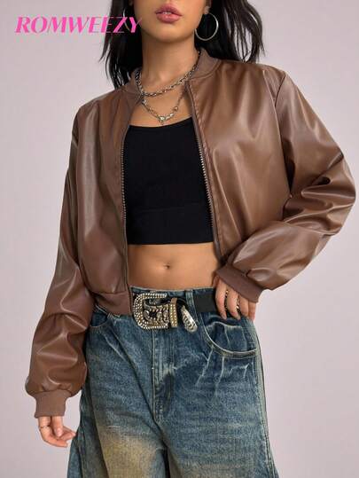 Women & Teen Girl Short Casual Fashion Cool PU Jacket, Coffee Color, Versatile