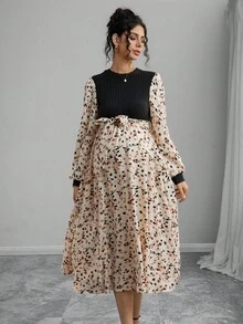 Momance Váy dài tay chắp vá nhiều màu thời trang cho bà bầu - Đen và trắng - Xem 5