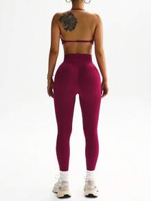 Dewbera Women's Halter Backless Bodycon Binding Leg 2 Pieces Activewear Set Workout Sets - Burgundy - View 8
