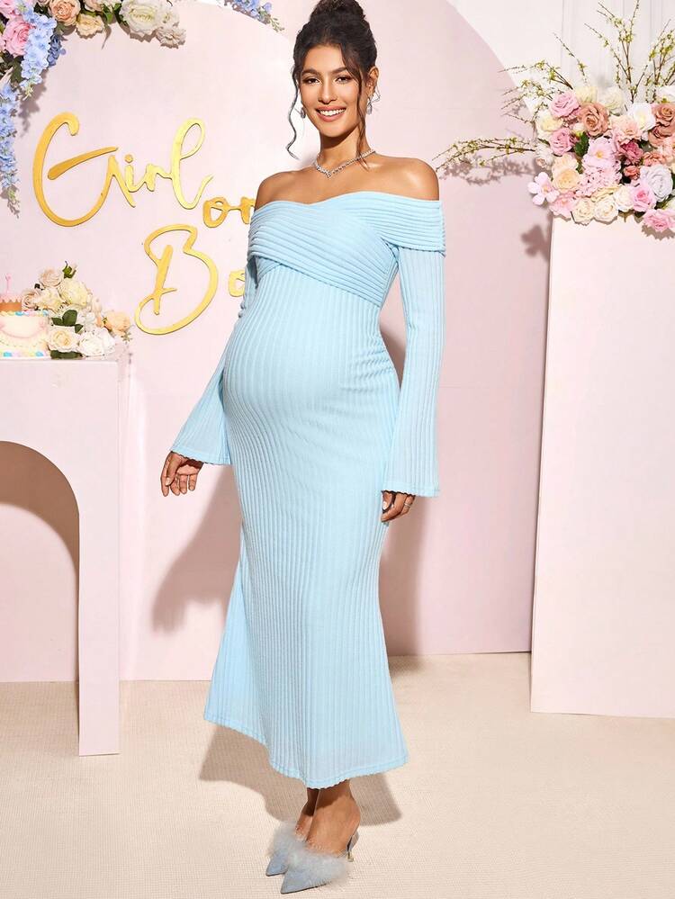 light blue off the shoulder maternity dress Light Blue Ruffle Off Shoulder Ruched Maternity Dress