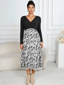 SHEIN 哺乳裹身长袖撞色全印花休闲连衣裙 - 彩色 - 查看 5