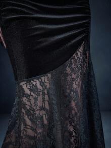 万圣节暗黑哥特浪漫风天鹅绒拼布蕾丝鱼尾裙 - 黑色 - 查看 5