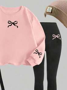 SHEIN Leap Crew 2pcs Pink Bow Print Casual Teen Girls Thick Hooded Sweatshirt And Pants Set, Suitable For Autumn & Winter Girls Outfit Sets Bow Outfit Girls Bows On Clothes Bow Clothes Cute Clothing Fall - Pink - View 4