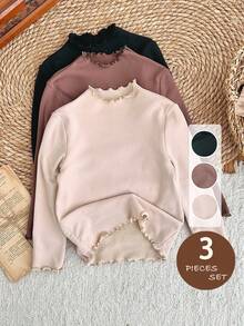 LMoss Kids 3件套少女纯色罗纹领保暖内衬厚T恤套装