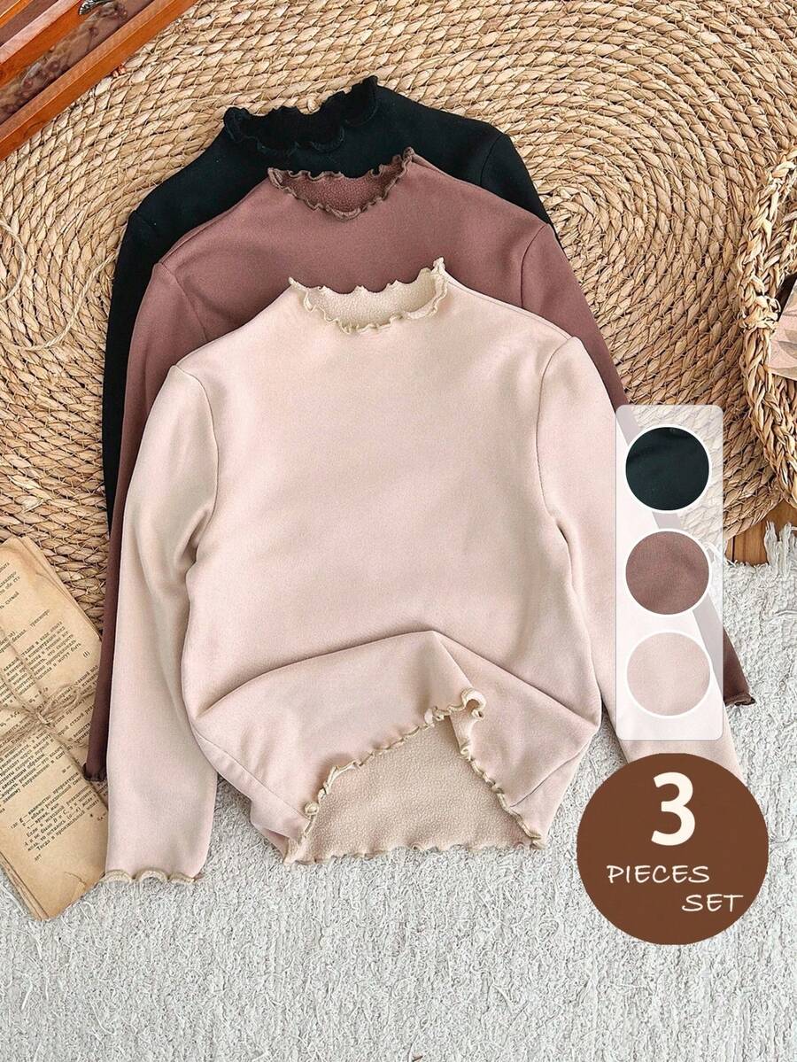 LMoss Kids 3件套少女纯色罗纹领保暖内衬厚T恤套装