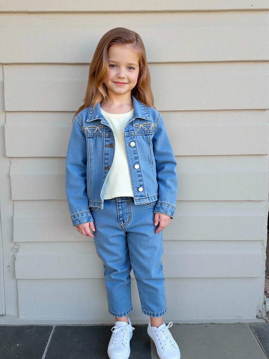 2pcs Girls Casual Denim Cropped Top And Cute Embroidered Denim Pants Comfortable Washed Denim Set - Medium Wash - View 1