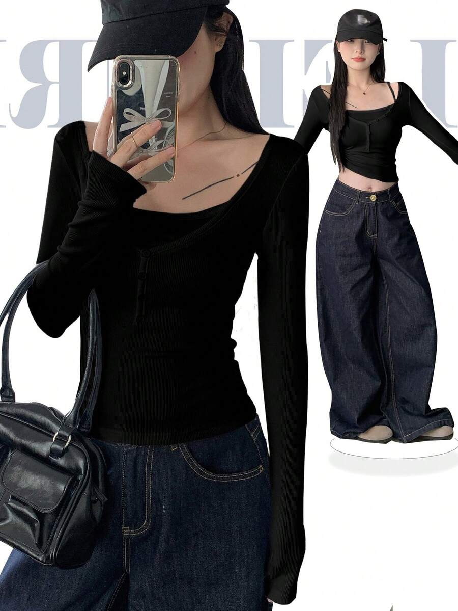 DAZY 休闲百搭纯色修身长袖女式T恤