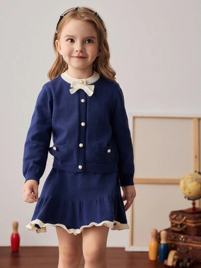 PrepCrw 秋冬少女学院风撞色蝴蝶结针织开衫/针织迷你裙套装