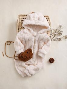 SHEIN 男婴休闲双面卡通耳朵连帽长袖连体衣，前拉链设计，罗纹袖口和下摆，秋冬季 - 杏色 - 查看 1