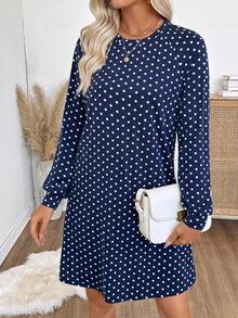 EMERY ROSE 女式圆领波点印花休闲宽松插肩袖连衣裙 - 藏蓝色 - 查看 3