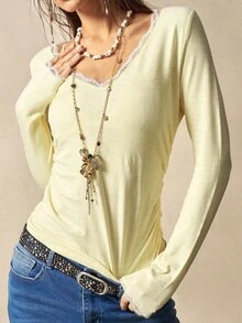 Bohemela Áo thun nữ tay dài cổ chữ V trơn màu, dáng thường ngày cho mùa thu/đông - Màu vàng - Xem 4