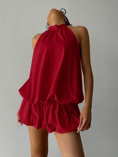 Aloruh Women's Solid Color Ruffle Hem Halter Neck Mini Dress