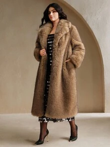 Anewsta New Autumn/Winter Elegant Lady-Like Faux Fur Long Coat, Fashionable Fur & Wool Blend Outerwear For Women